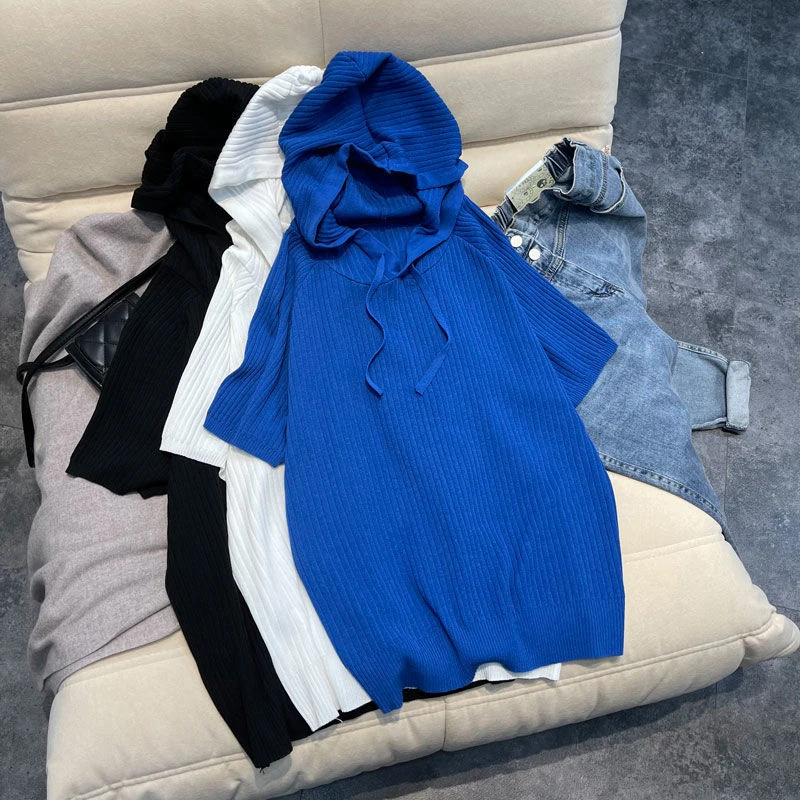 

plus Size 300 Pou Summer New Ice Silk Hoodie Knitted ort Sve Women's Loose Top T-irt Korean Sle Commute Pure Color