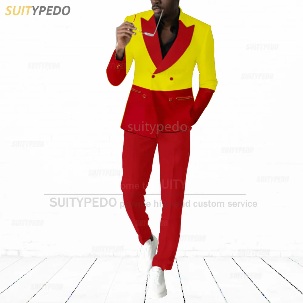 Fashion Red Splicing Suit Sets For Men Evening Dinner Custom Elegant Outfits Piano Performance Formal Blazer Pants 2 Pieces