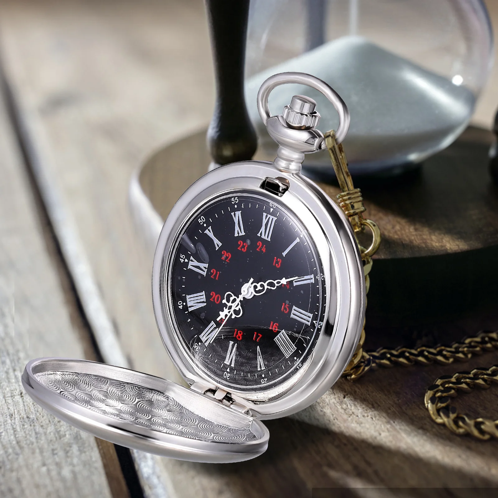 Vintage Pocket Watch and Chain Set Classic Roman Numeral Dial Quartz Movement Retro Style Portable Unisex Fob Watch Gift