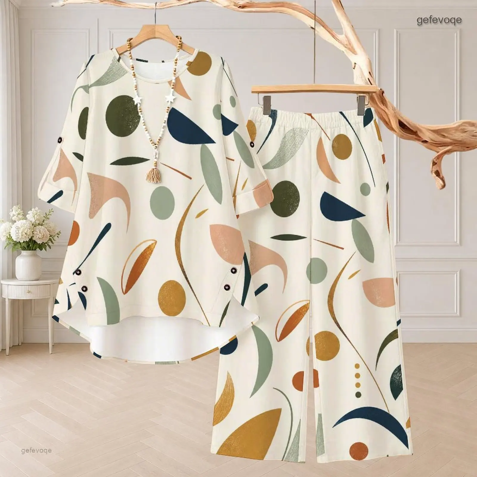 Women Women Abstract Geometric Printed Round Neck 3/4 Sleeve Top and Wide Leg Long Pants Two Piece Set - Aliexpress Deal