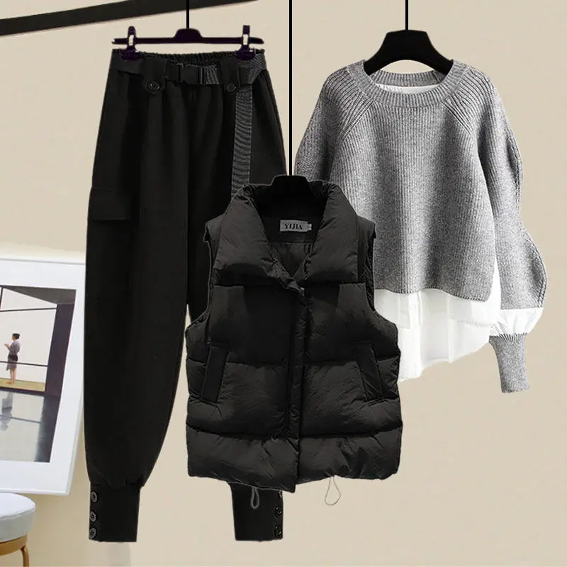 Autumn and Winter Set Women's 2023 New Korean Fashion Age Reducing Tank Top Shirt Slim Casual Pants Three Piece Set