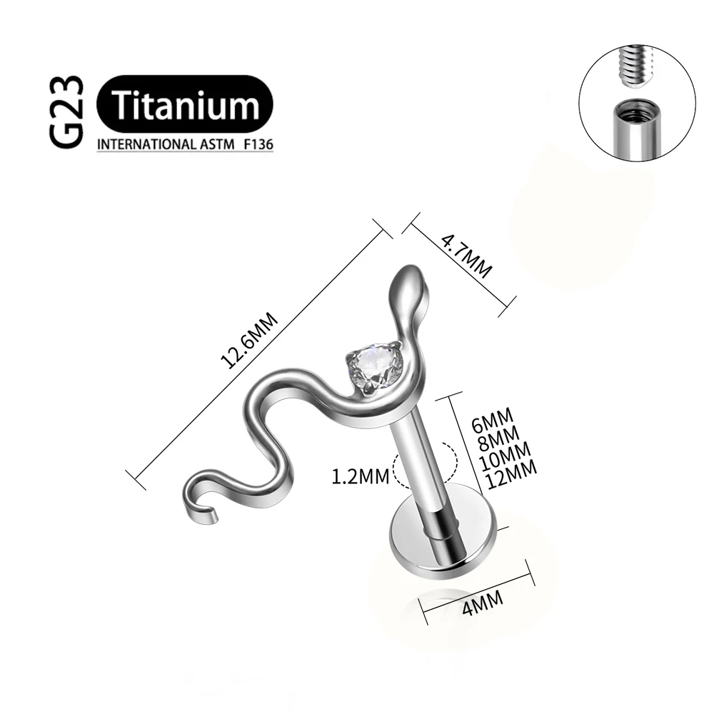 1PC ASTM F136 Titanium White Blue Black  CZ Snack Labret Stud Cartilage Earrings Tragus Helix Conch Flat Standard Ear Piercings