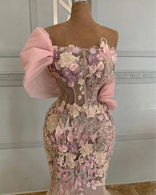 Charmante 3D-Applikationen, rosa Meerjungfrau-Abschlussballkleider, sexy, durchsichtig, Aso Ebi, schulterfrei, Abendkleider, arabisches Partykleid