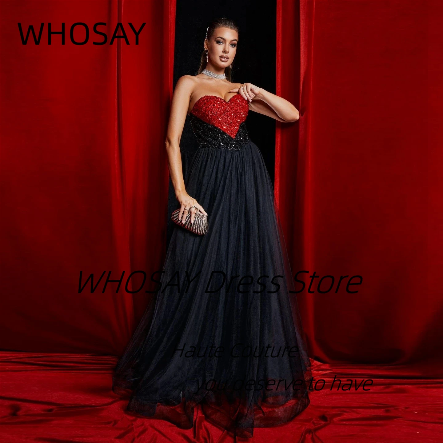 WHOSAY Bespoke Sweetheart Vestidos Des Prom Dresses Sexy Backless A Line Black Tulle Special Party Evening Gowns