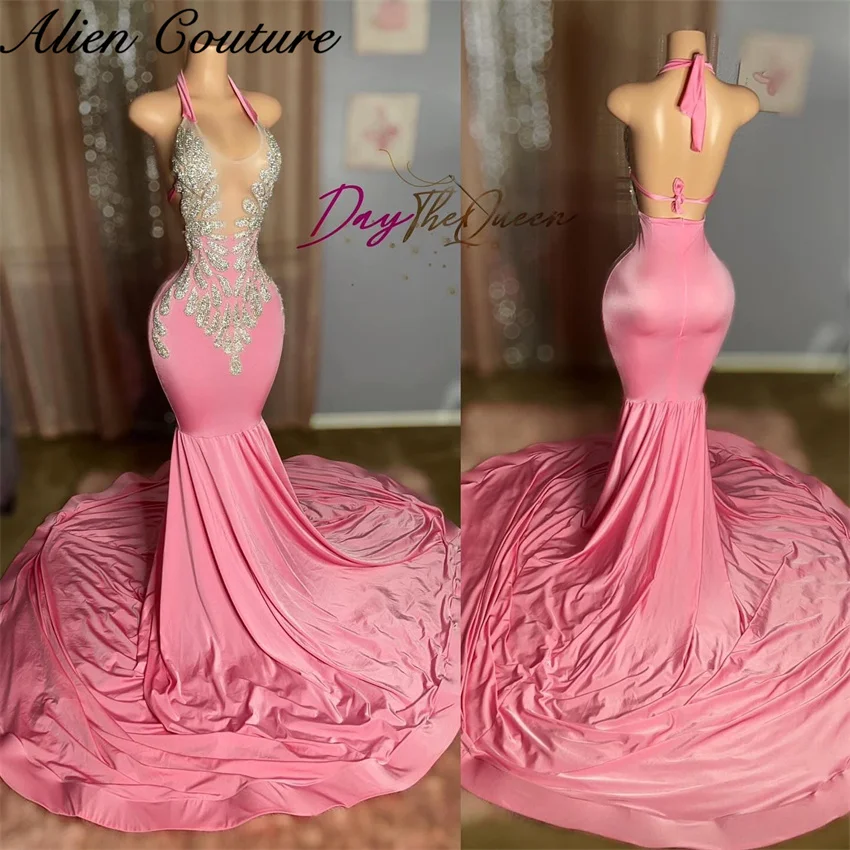 

Sparkly Pink Mermaid Prom Dress Crystals Beads Rhinestones Birthday Dresses Luxury 2024 Elegant Evening Dress Halter Customized