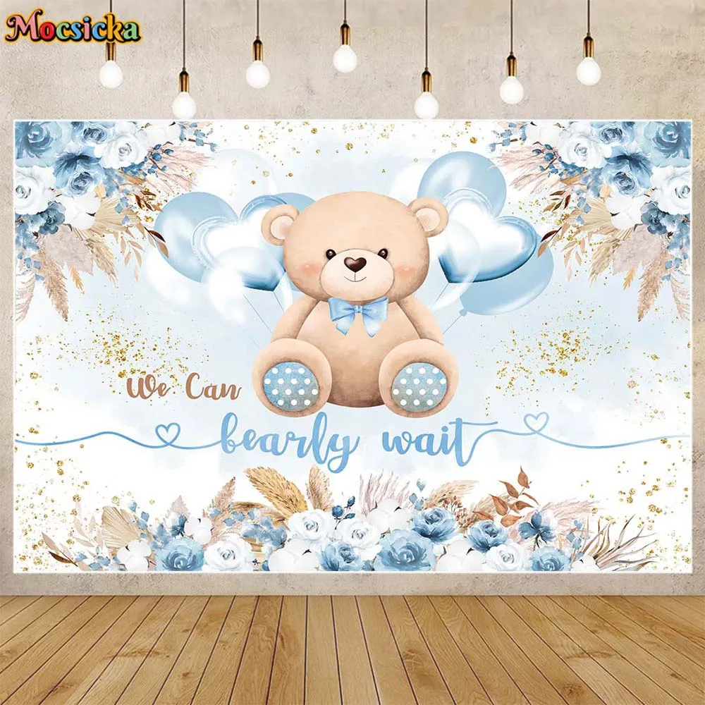 

Mocsicka Bohemian Baby Shower Backdrop Blue Bear Newborn Boy Welcome Party Decor Background We Can Bearly Wait Banner Photoshoot