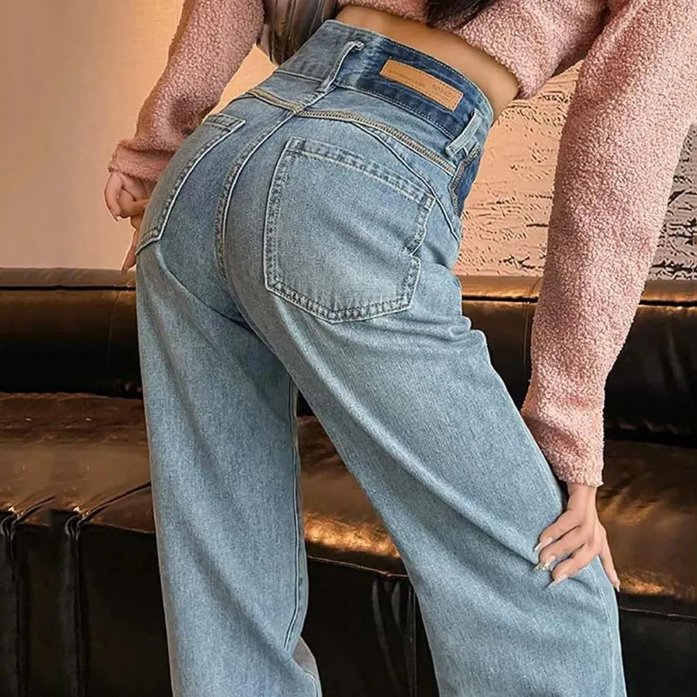 Calça jeans vintage lavada de cintura alta feminina, rua alta, solta, angustiada, reta, perna larga, calça jeans, moda coreana, calça nova