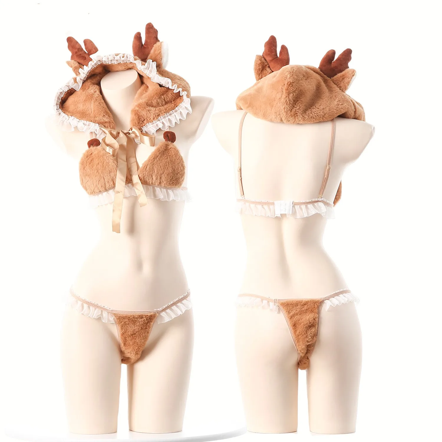 

Sexy Christmas Lingerie Fluffy Reindeer Ears Antlers Hat Lace Triangle Bralette Set Gift Reindeer Costume for Valentine’s Day
