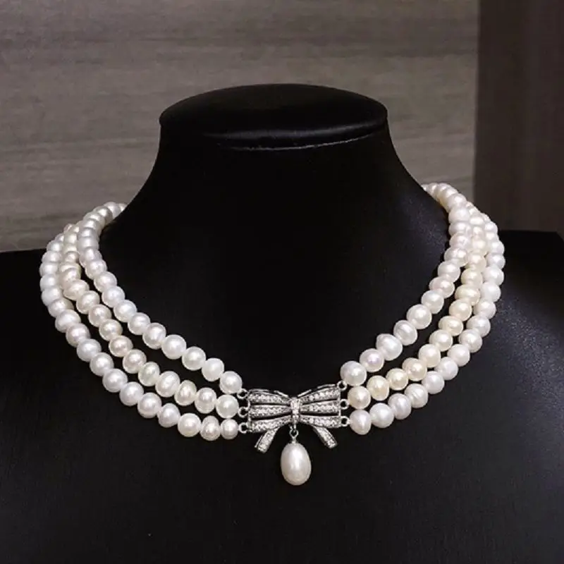 Natural South Sea 6-7mm White Genuine Pearl Three-Row Necklace for Women 18 Inches Versatile Bow Fine Jewelry Free Shipping