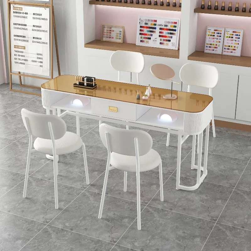 Glass Top Nail Table Professional Fancy Oficce Workstation Beauty Nail Desk Art Design Luxury Mesas Manicuristas Furniture