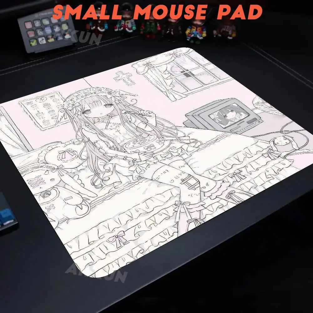 Pastel Pink Lolita Anime Girl Mouse Pad, Kawaii Sketch Style Cute Character Desk Mat, Sweet Lace Bow Angel Girl Gaming Mousepad