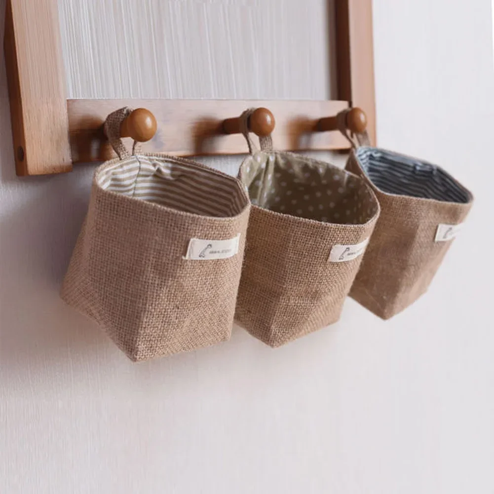 

Mini Cotton Linen Bag Desktop Storage Basket Hanging Pocket Small Sack Sundries Storage Box with Handle Cosmetic Storage Bag
