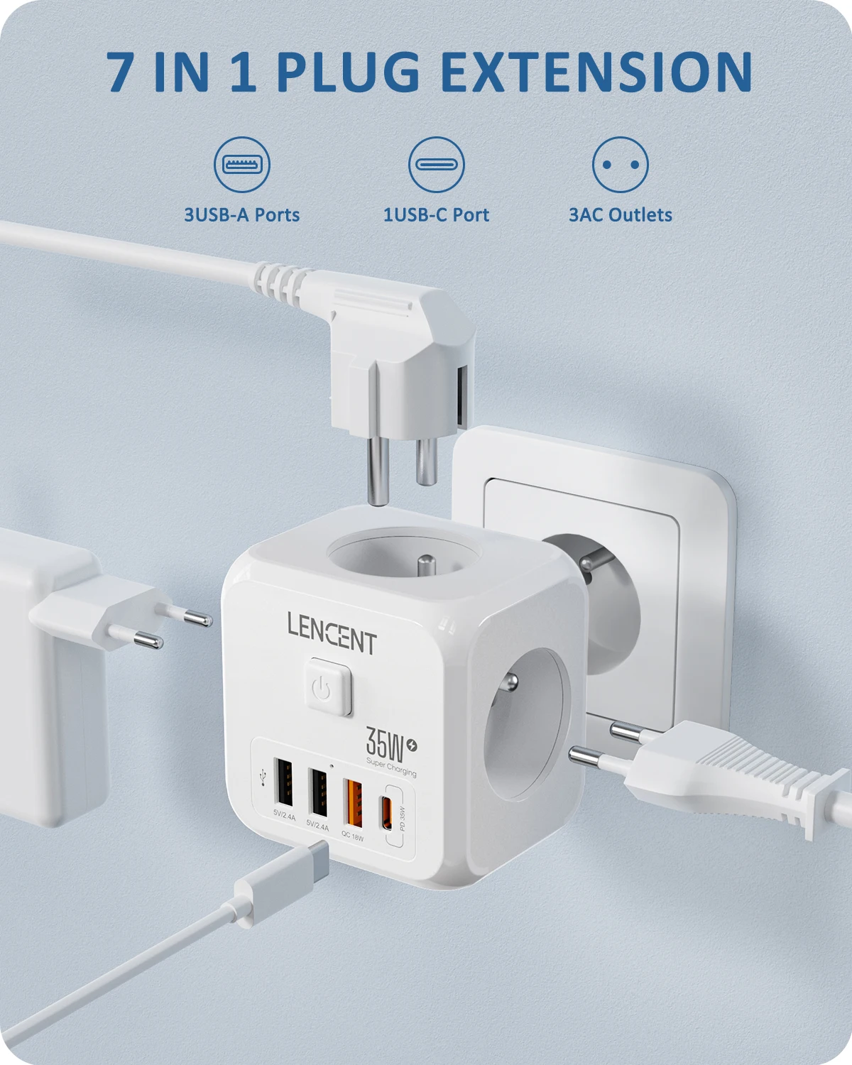 LENCENT 35W Power Strip Wall Socket with 3 AC+3 USB QC 18W +1 Type C PD 35W Fast Charger Adapter 7-in-1 Socket On/Off Switch