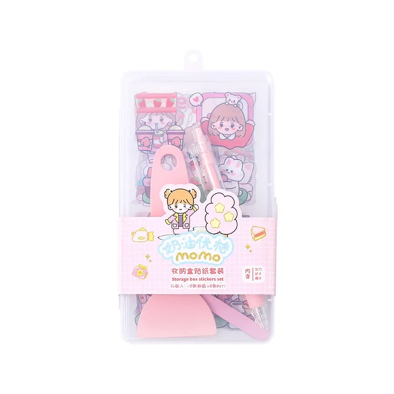 8pcs Ins Scrapbook Tool with Storage Box Straight Elbow Tweezers Utility Knife Mini Base Plate Shovel Sticker Set for Diary Tool