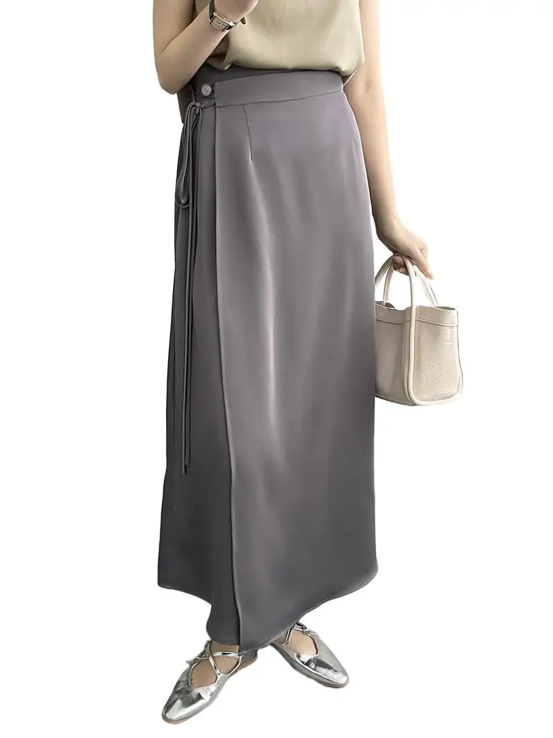 

Spring New Feminine Half Length Skirts Satin Finish Elastic Waist Design Sense Side Tie Smooth Solid Flowy Office Lady Vestidos