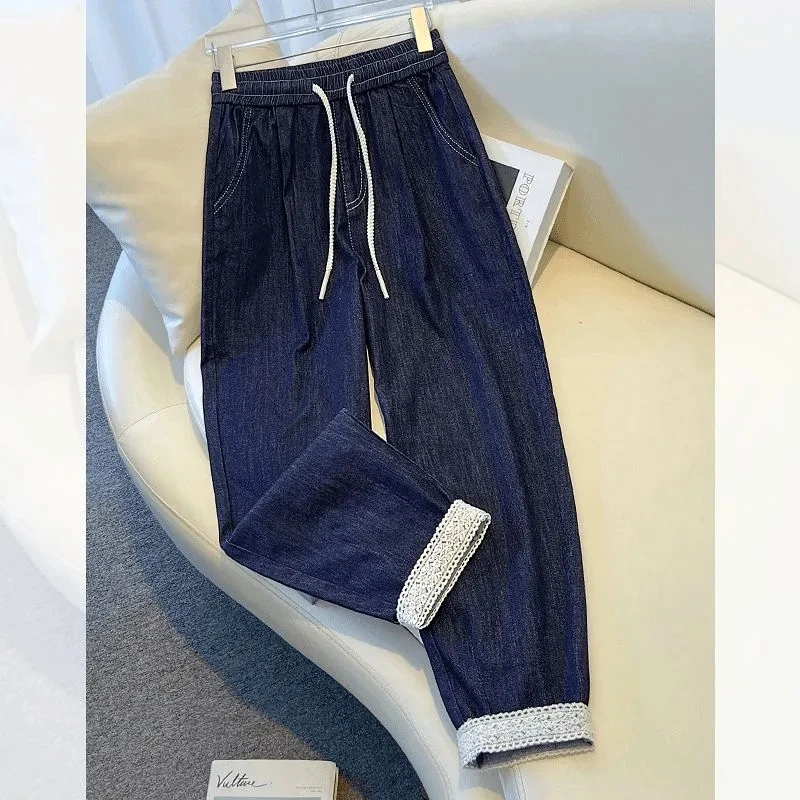 Dames kanten splitjeans trekkoord elastische taille diepblauwe dunne harembroek 2025, lente zomer nieuwe stijl losse broek