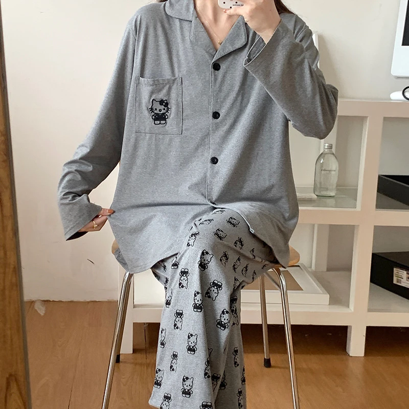 Autumn Women Pajamas Set Two Pieces Sleepwear Lapel Button Cardigan Outfits for Women Long-Sleeved Homewear Girls Pajamas