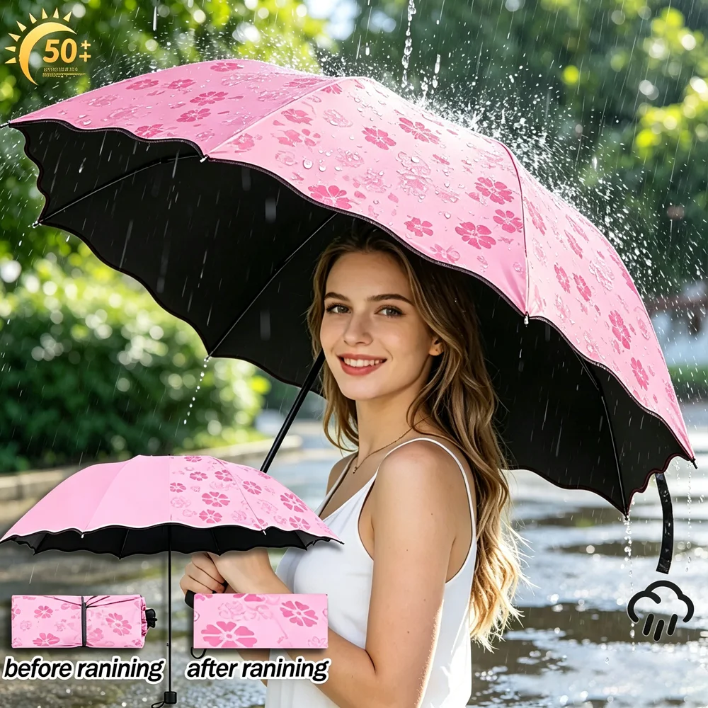 Magic Color Change Cute Flower Reveal 3 Fold Umbrella UV Block Rain Sun Parasol Portable Water Contact Pattern for Kids Women