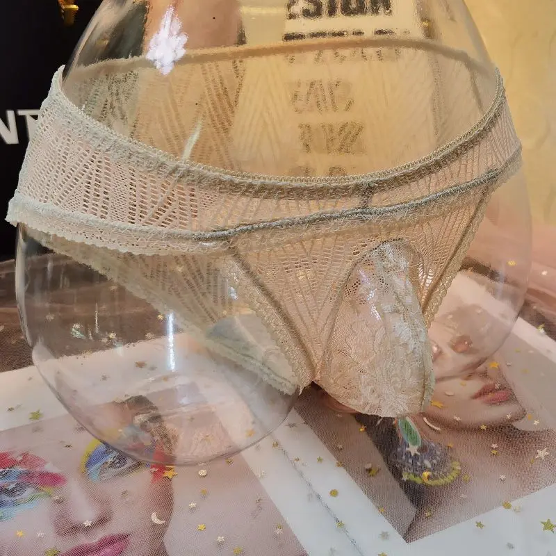 

Man's Sexy Black Lace Mesh Sheer Briefs Slim Low Waist Convex Pouch Panties Live Show DJ Club Bar FKK Party Harajuku