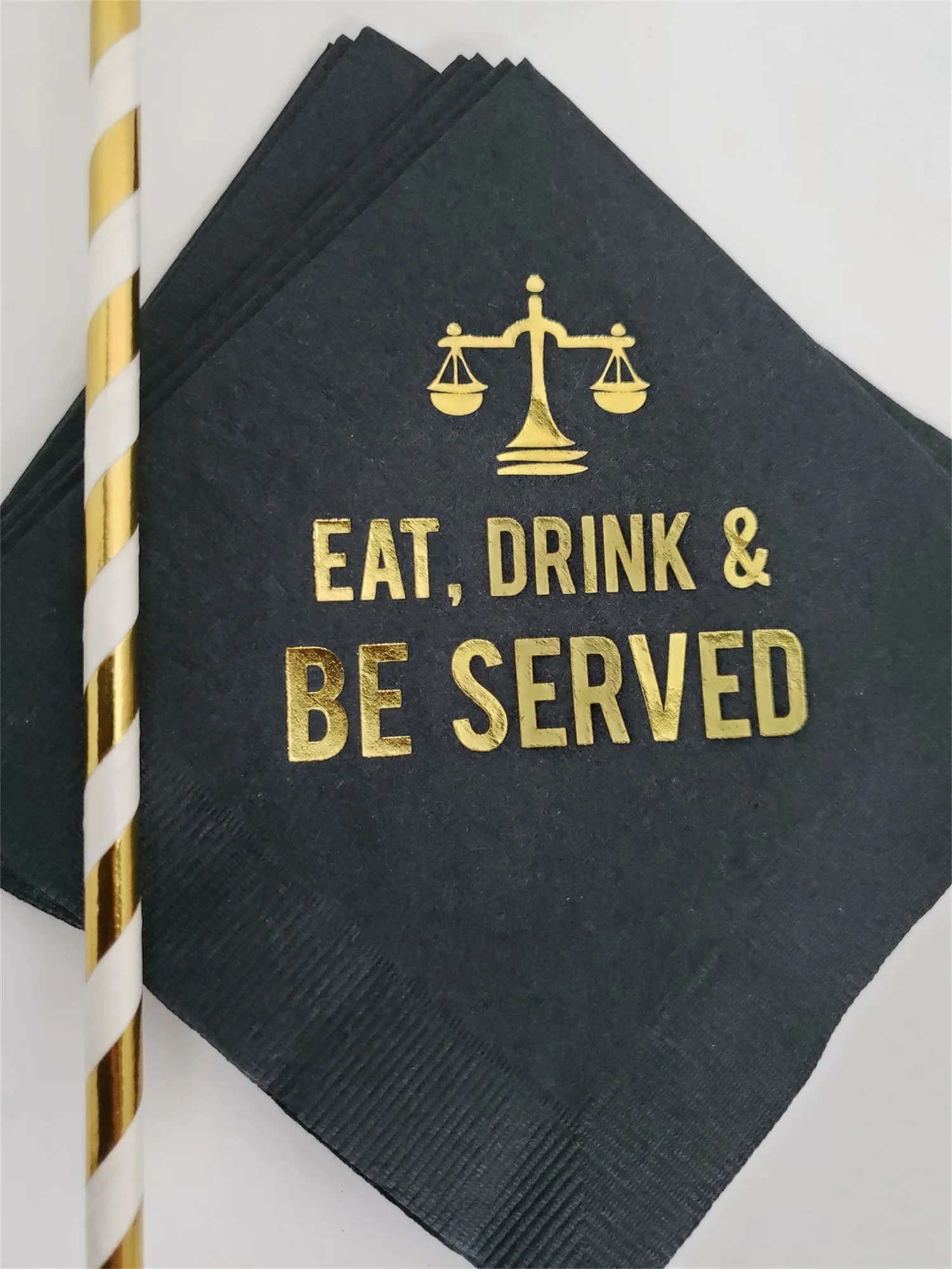 50pcs Law School Lawyer Attorney Graduation Eat Drink & Be Served Printed Beverage Cocktail Napkins Black w/ Metallic Gold Foil