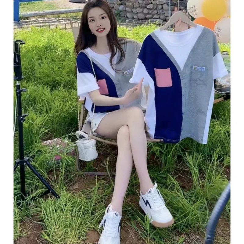 Short-sleeved Loose Fake Two-piece T-shirt for Women 2025 Summer Color-blocked Splicing Top Fashionable Shirt