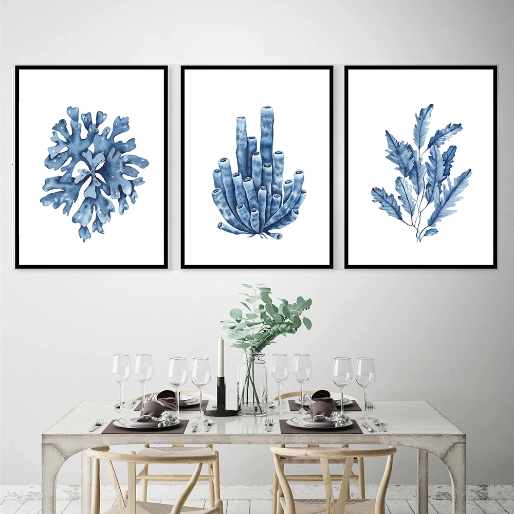 Blue Coral Watercolor Art Print Blue Seaweeds Poster Coastal Wall Art Canvas Painting Sea Corals Pictures For Living Room Decor