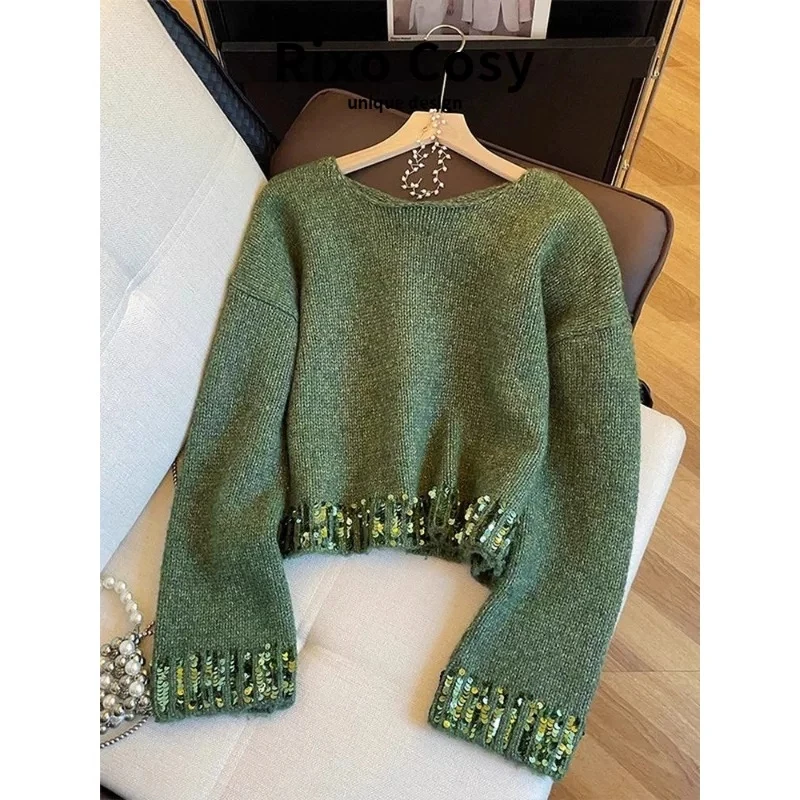 

2026 New Women Green Sequin Trim Knit Sweater O-Neck Long Sleeve Chic Casual Top for Fall Winter Pullover Knitwear Cute Girls