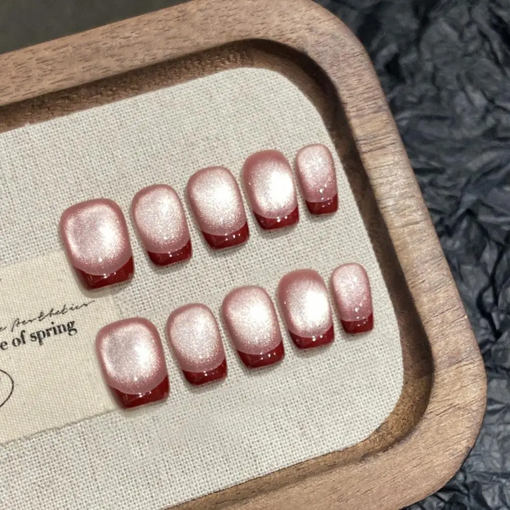 10Pcs Red French Design Press on Nails Cat Eye Short Coffin False Nails Wearable Full Cover Fake Nails Tips Art Накладные Ногти