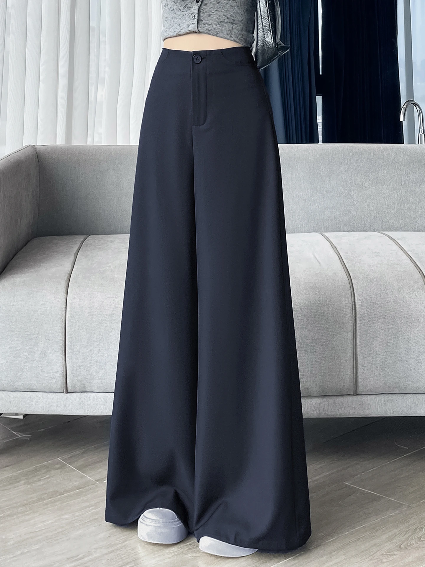 엘리 드레이피 와이드 레그 수트 팬츠 여성용 루즈핏 바지 리치 네이비 캐주얼 편안한 플로어 길이 바지