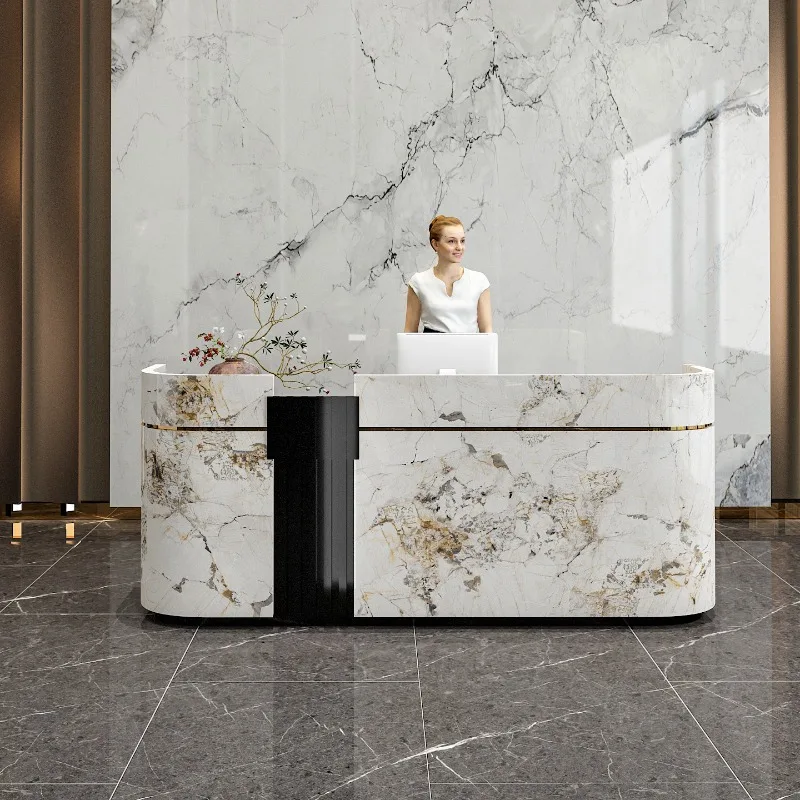 Imitation marble pattern company front reception curved front desk cabinet bar welcome paint checkout page custom