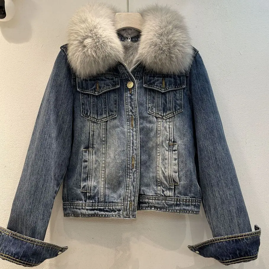 

2023 Winter Denim Jacket Women Thick Rex Rabbit Fur Liner Fox Fur Collar Fur Parka Female Genuine Fur Coat Y3285