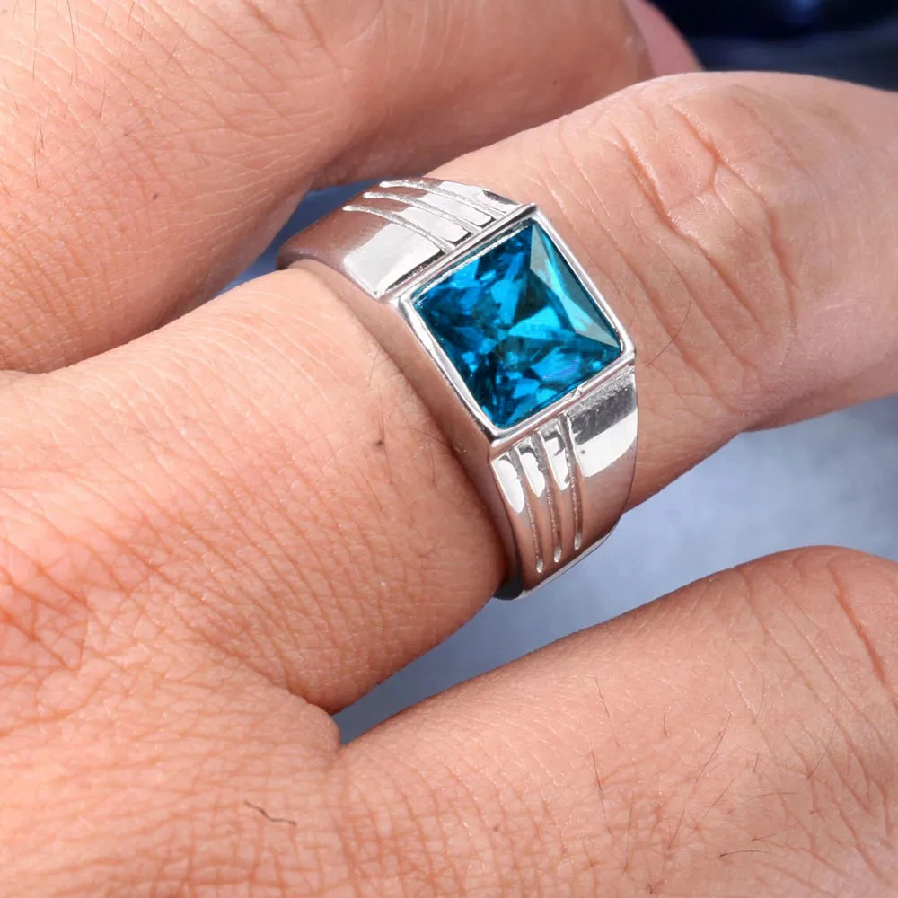 Fashion Men's Blue Crystal CZ Stone Ring Luxury Silver Color Engagement Ring Classic Wedding Party Jewelry Valentine's Day Gift view 5