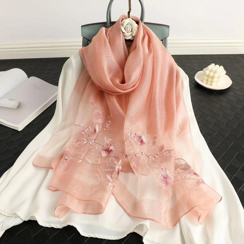 

New Embroidered Silk Scarf Mulberry Silk Wool-blend Scarf Long Elegant And Versatile Real Embroidered Scarf
