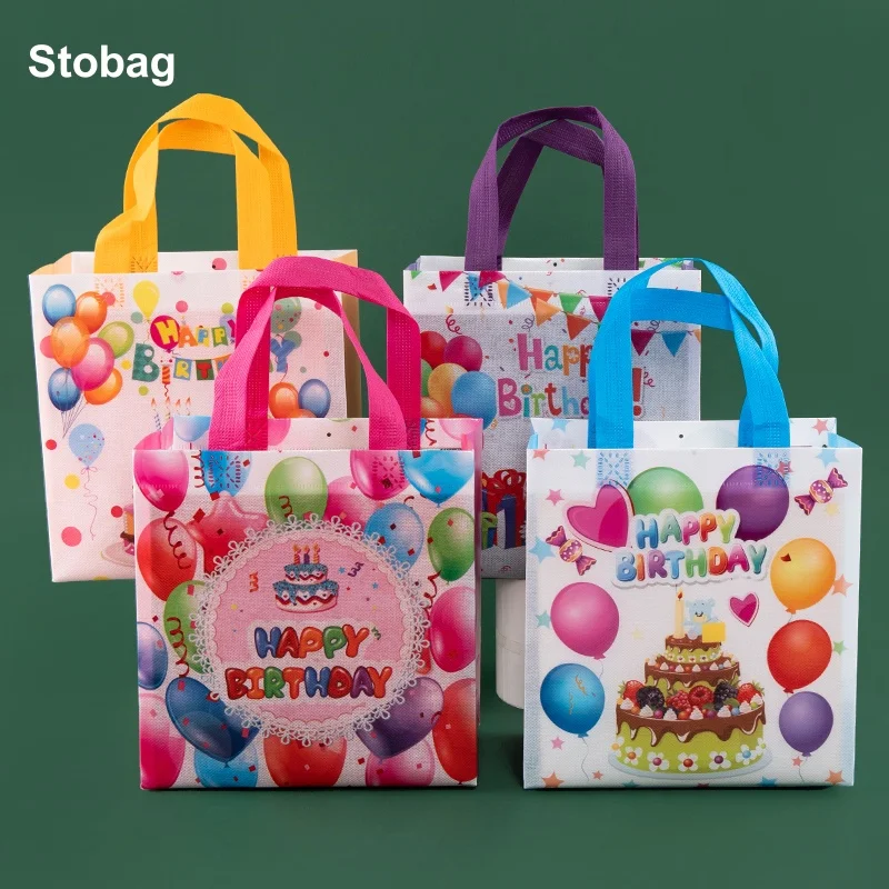 StoBag 8/20pcs Happy Birthday Non-woven Gift Bags Cake Package Tote Fabric Kids Waterproof Storage Reusable Pouch Party Favors