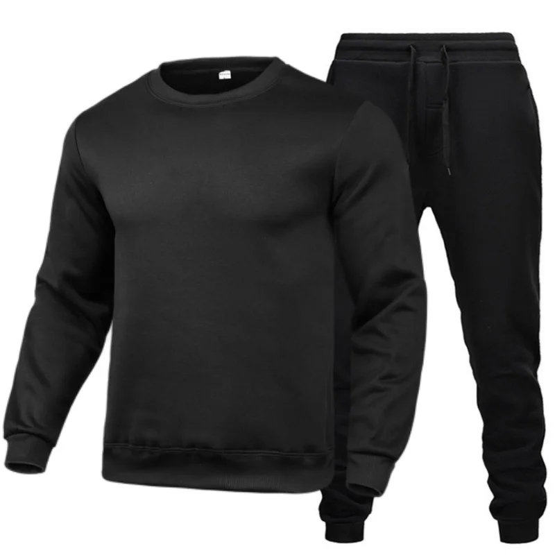 New  Solid Color New high-quality men\'s leisure sports round neck hoodless sweater pullover+outdoor running pants set