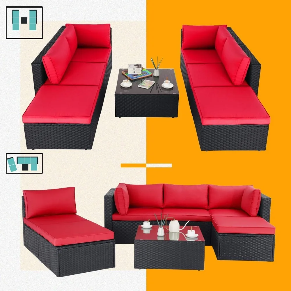 7 Pieces Patio Furniture Sets, Outdoor Sectional Sofa, Rattan Wicker Couch with Glass Table, for Porch Garden Pool Deck Balcony