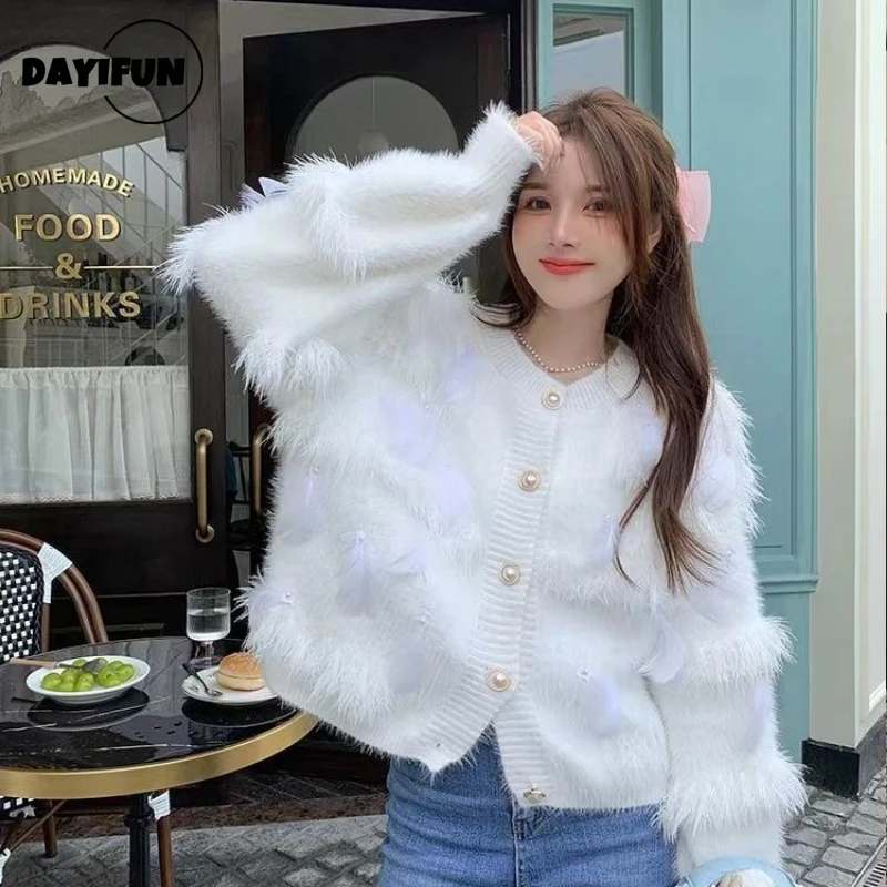 

DAYIFUN-Women's Tassel Feather Sweater Coats Sweet Gentle Loose Chic Knitted Cardigans Soft Waxy Female Jumper Jackets New 2023