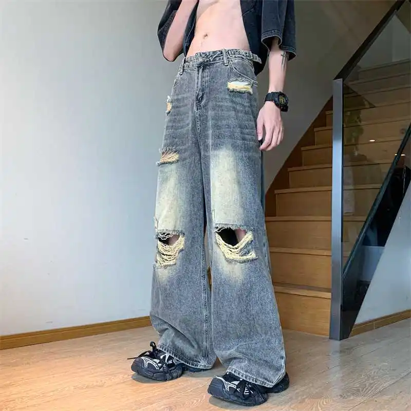 American style trendy hip-hop men and women retro washed ripped jeans loose and personalized straight leg wide leg casual pants