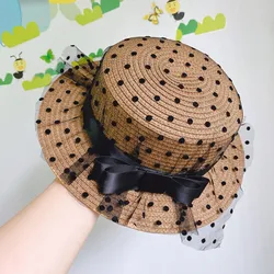 England Style Kids Girls Sunhats Elegant Fashion Gauze Bow Hat Cap Outdoor Beach Sunprotection Summer Straw Hat Children Girl