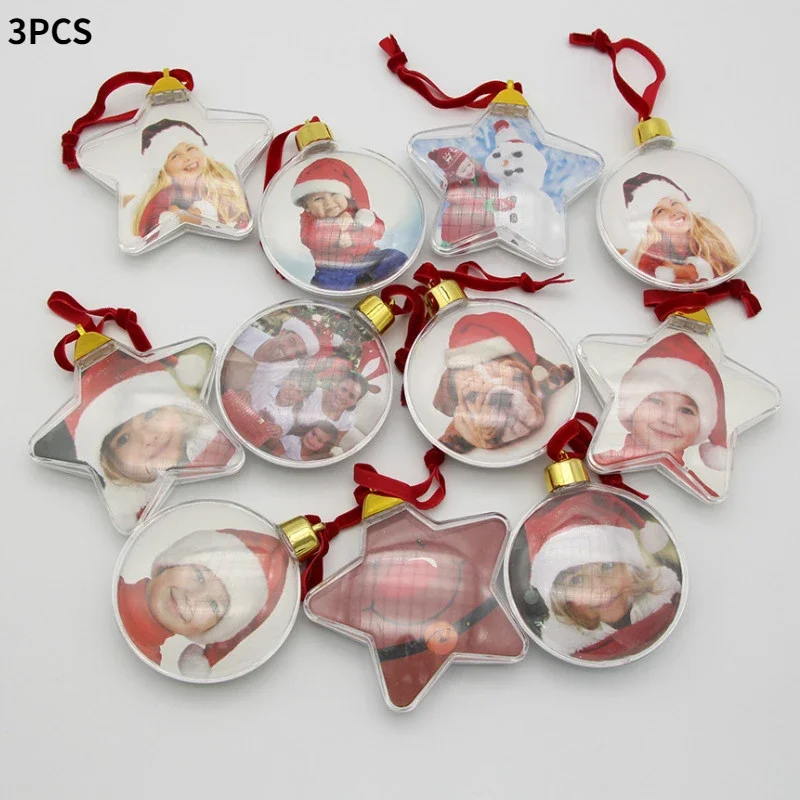 3PCS Christmas Transparent Photo Frame Plastic Five-star Ball Christmas Decorations DIY X-mas Tree Hanging Decor Kids Gift