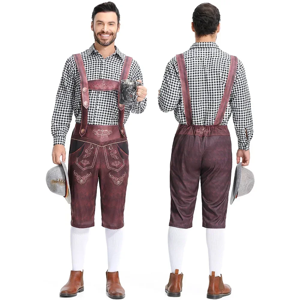 زي مهرجان أكتوبر التقليدي العتيق للرجال قميص منقوش باللون الأسود والأحمر من Lederhosen قميص منقوش لمهرجان البيرة الألمانية وحفلات الكرنفال
