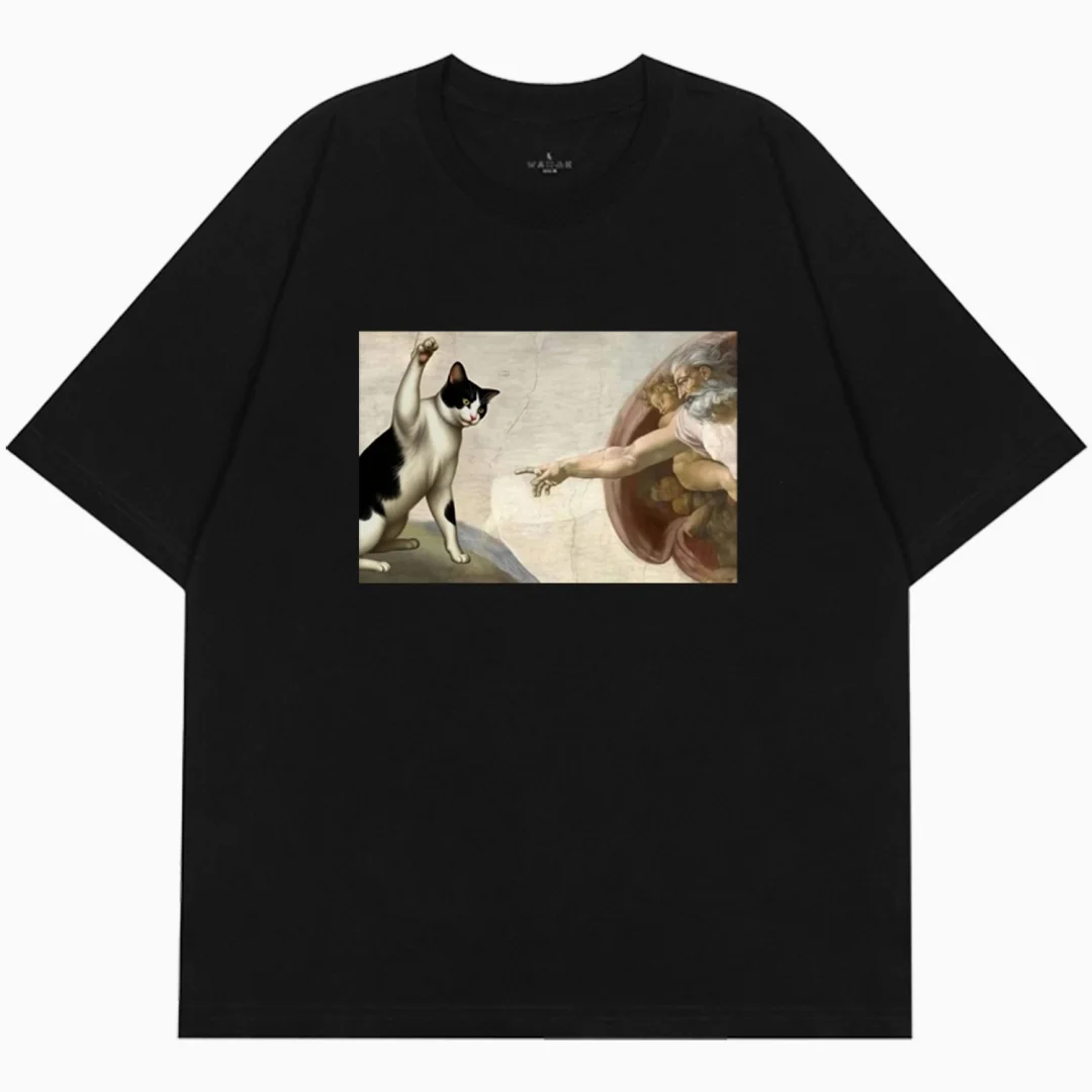 "عند يلعب يد الله مع قطة" مطبوعة جرافيك تي شيرت الصيف موضة الترفيه الراقية القطن الخالص الرجال والنساء تي شيرت