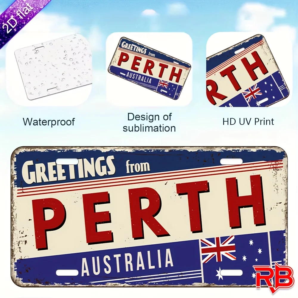 2D Flat, 1pc Vintage Australian-Themed Metal Wall Sign -  Plaque   with Perth Australia Map & Landmarks  Printed Indoor