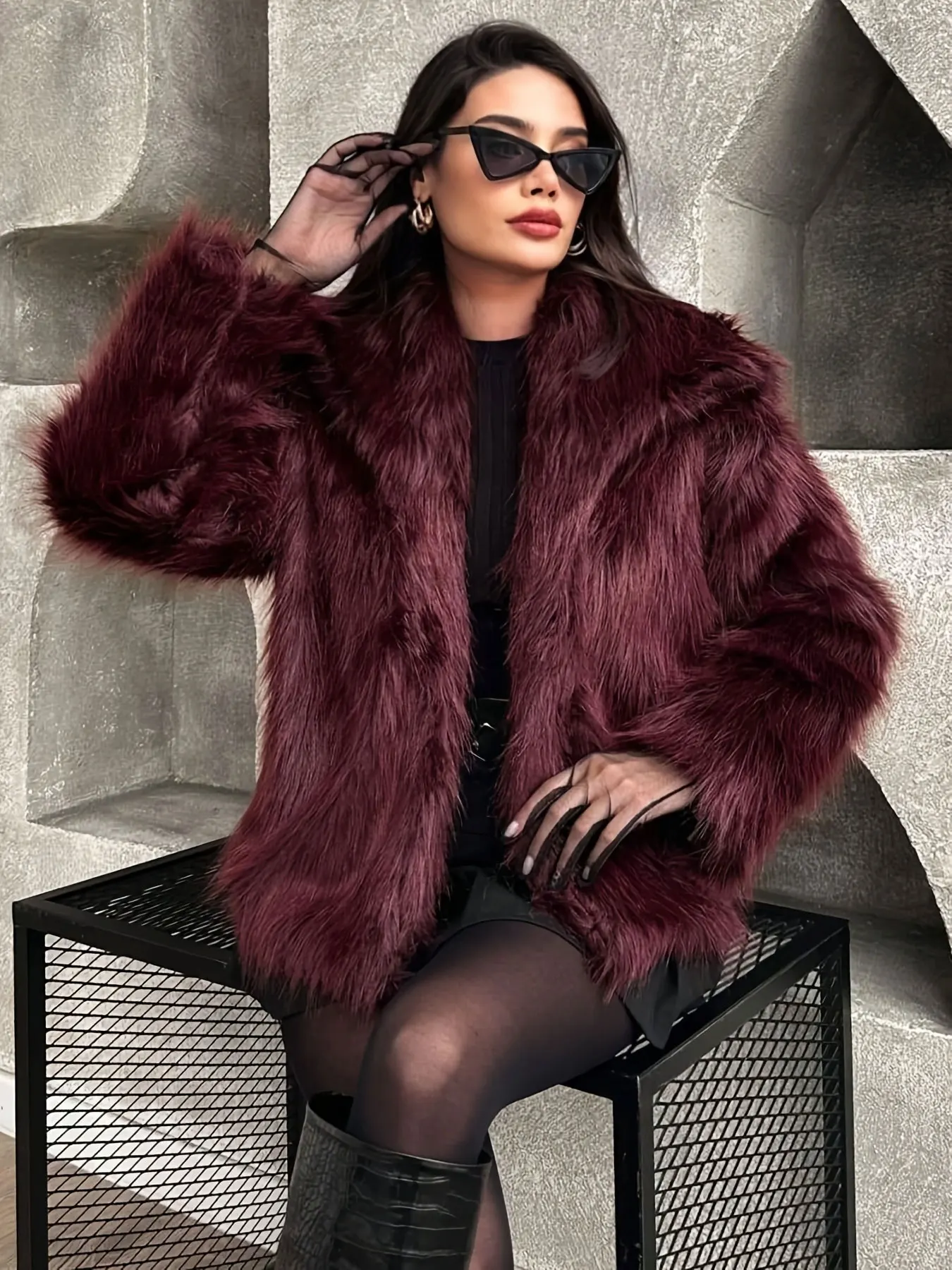 HH Faux Fur Coat For Women Elegant Burgundy Lapel Long Sleeve Jacket Casual Female Winter Oversize Lady Chic Streetwear Jakcets