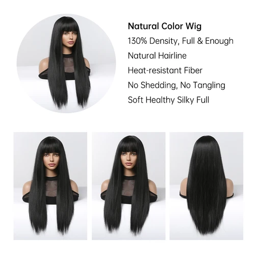 Imagen 2 del producto EASIHAIR pelucas sintéticas largas y sedosas con flequillo, pelucas de pelo negro para fiesta de Cosplay, peluca Natural resistente al calor para mujer