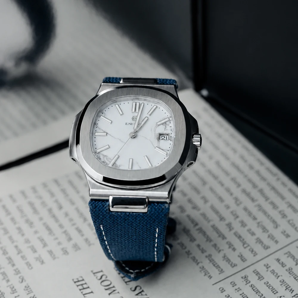 ENITON 38mm Stone Dial Composite Knit Strap Mechanical Watches Stainless Steel 316L 9015 Movement 5ATM Unique Business Men Watch