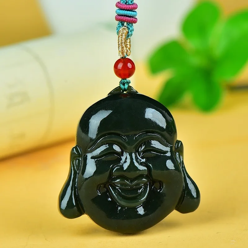 Hotan Green Jade Laughing Buddha Women With A Smiling Face, Natural Jadeite Pendant