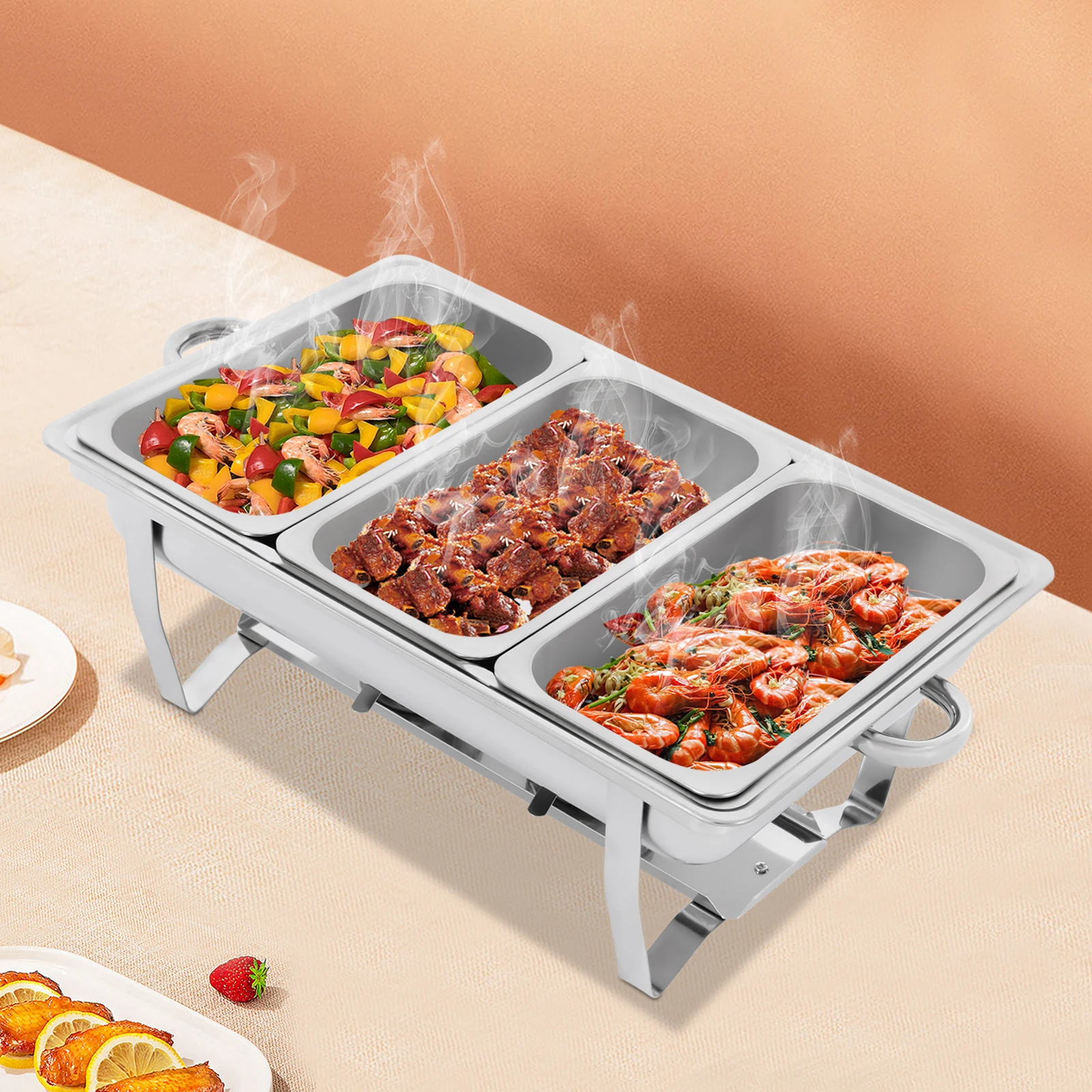 7.5L Stainless Steel Chafing Dish Buffet Set Silver Rectangular Catering Chafer Warmer Set with Folding Frame
