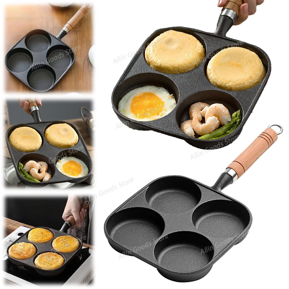 4-Hole Breakfast Burger Egg Pancake Maker Wooden Handle Non Stick Hamburg Bread Breakfast Maker for Gas Stove Induction Cooker