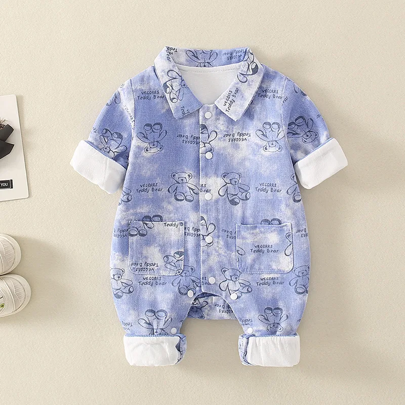 

Детские боди для маленьких девочек, жаккардовые комбинезоны с медведем для новорожденных мальчиков, комбинезоны с отложным воротником для маленьких мальчиков, комбинезоны для маленьких мальчиков